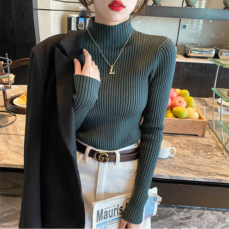 New Women'S Elegant Solid Basic Knitted Tops Women Turtlneck Sweater Long Sleeve Casual Slim Pullover Fashion Simple Chic Tops