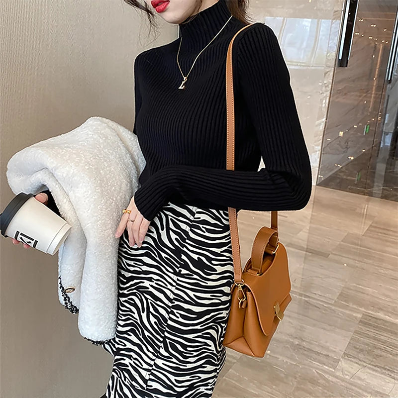 New Women'S Elegant Solid Basic Knitted Tops Women Turtlneck Sweater Long Sleeve Casual Slim Pullover Fashion Simple Chic Tops