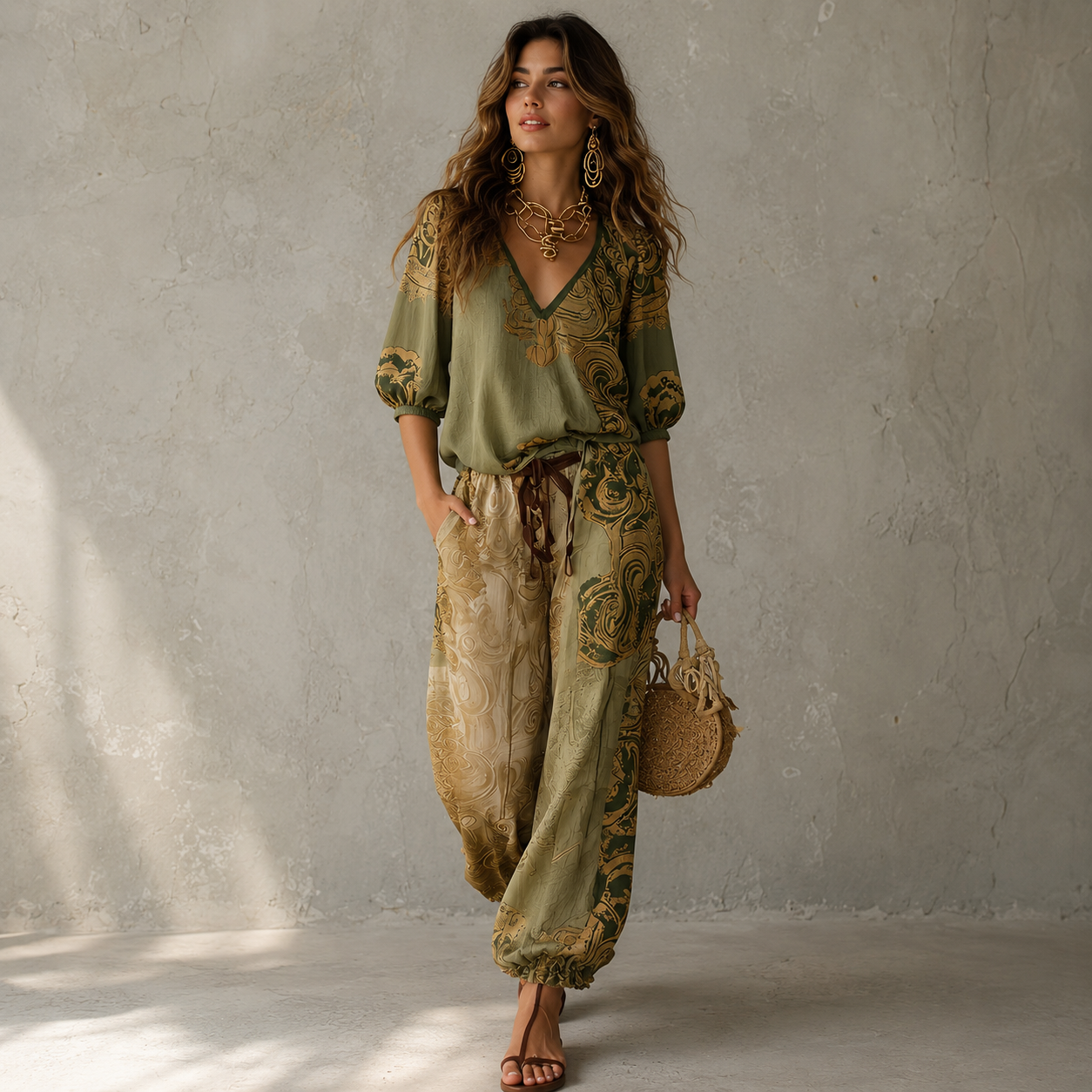 Retro-style Printed V-neck Puff-sleeve Top Paired With Jogger Pants Set