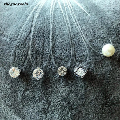 5 Colors Dazzling Zircon Necklace Invisible Transparent Fishing Line Simple Pendant Necklace Jewelry for Women Pearl Jewelry