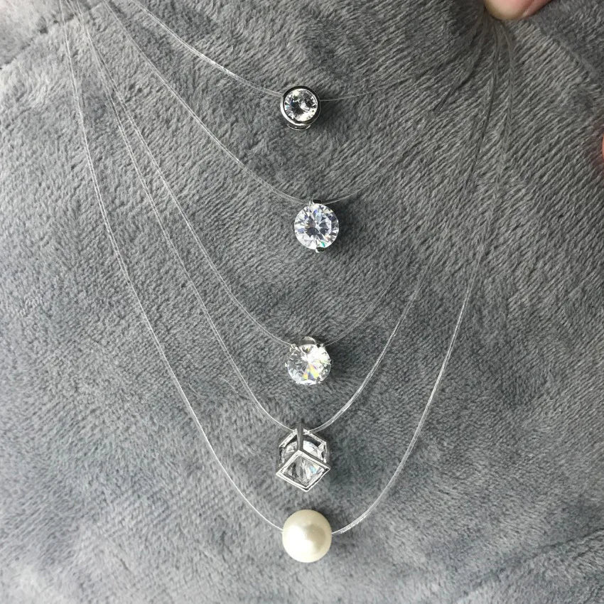 5 Colors Dazzling Zircon Necklace Invisible Transparent Fishing Line Simple Pendant Necklace Jewelry for Women Pearl Jewelry