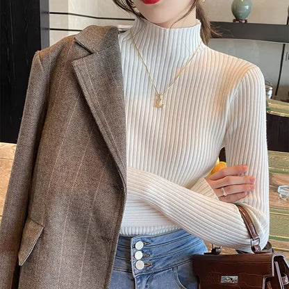 New Women'S Elegant Solid Basic Knitted Tops Women Turtlneck Sweater Long Sleeve Casual Slim Pullover Fashion Simple Chic Tops